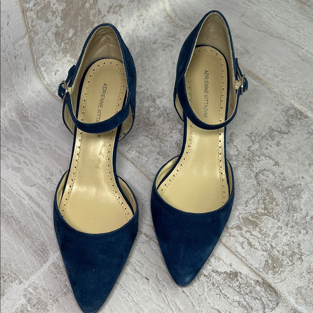 Adrienne Vittadini Navy Suede Pointed-Toe Ankle-Strap Pumps